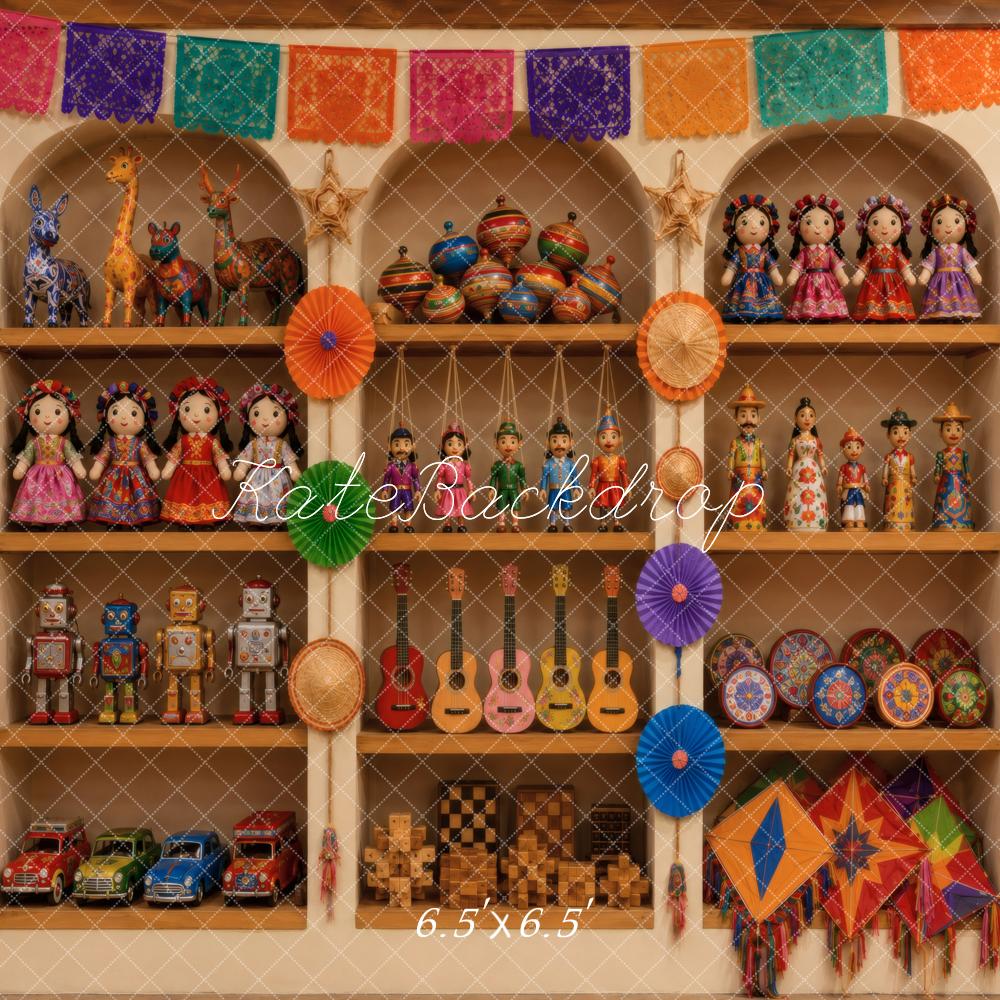 Kate Fiesta Colorful Mexican Folk Art Toy Cabinet Printed Backdrop Designed by Vertigo Productions