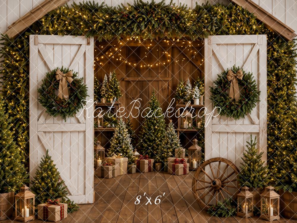 Kate Christmas White Barn Doors Wreaths Trees Rustic Lanterns Printed Backdrop Designed by Emetselch