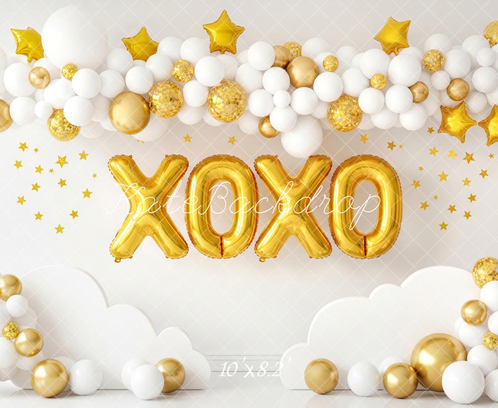 Kate Cake Smash Gold Balloons XOXO Clouds and Stars Backdrop Designed by Patty Roberts