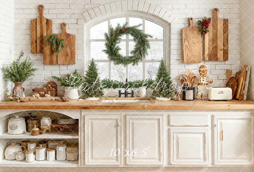 Kate Christmas Kitchen Cabinet Window Wreath Trees Wooden Cutting Boards Backdrop Designed by Emetselch