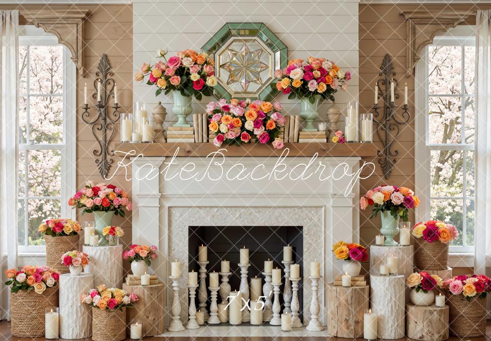 Kate Spring Fireplace Floral Roses Candles Printed Backdrop Designed by Mini MakeBelieve