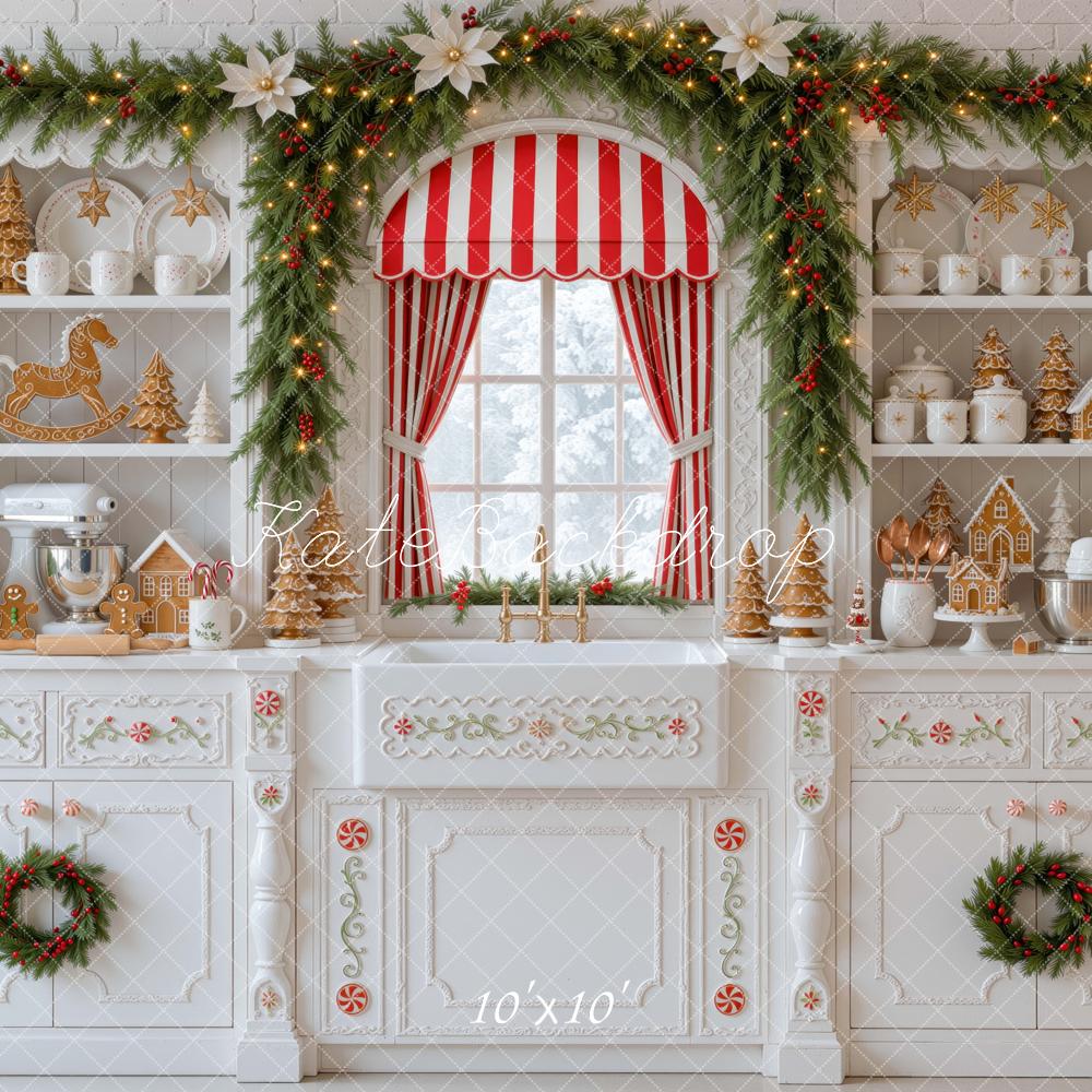 Kate Christmas Kitchen Gingerbread Garland Window Red Striped Printed Backdrop Designed by Mini MakeBelieve