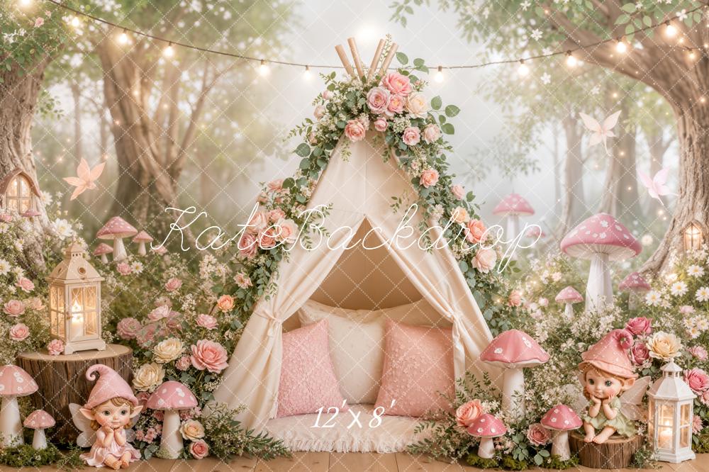 Kate Fairy Fantasy Tent Pink Mushrooms Flowers Forest Printed Backdrop Designed by Emetselch