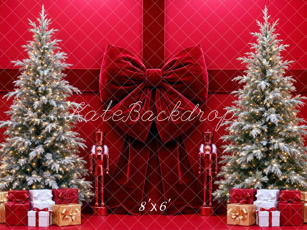 Kate Christmas Red Velvet Bow Christmas Trees Gift Printed Backdrop Designed by Mini MakeBelieve