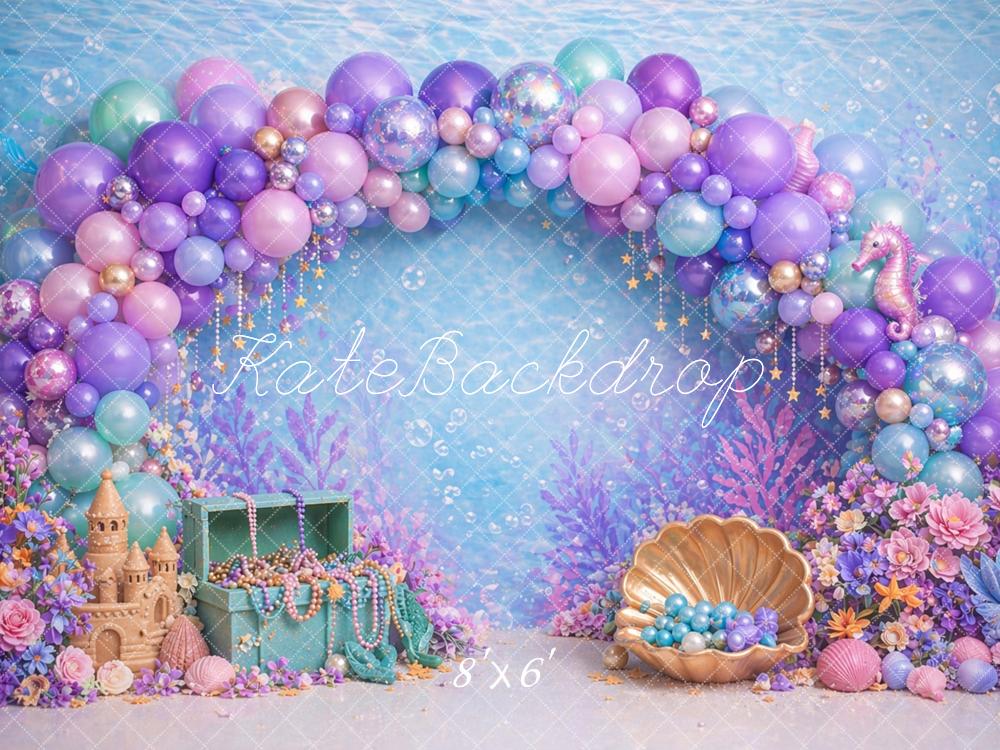 Kate Mermaid Balloon Arch Shell Sandcastle Underwater Printed Backdrop Designed by Caitlin Lynch