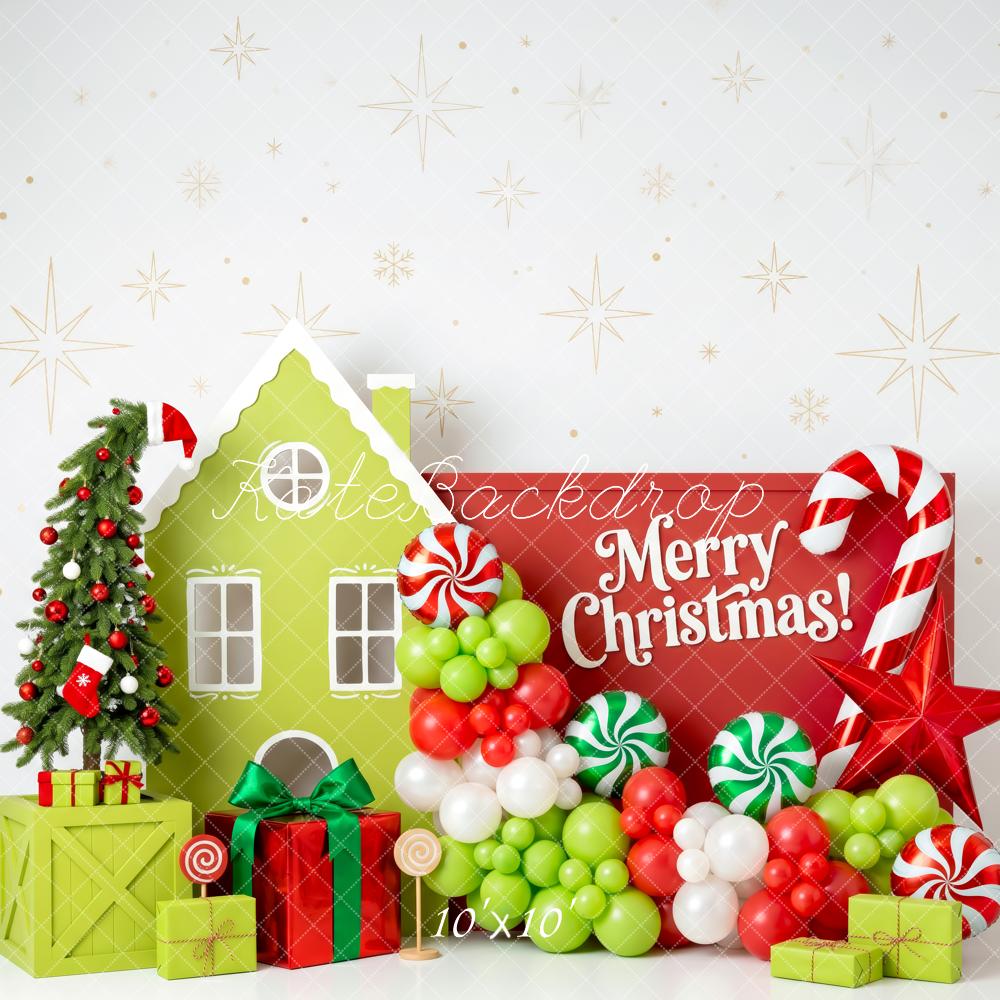 Kate Christmas Whimstical Candy House Green Red Balloons Tree Presents Printed Backdrop Designed by Patty Roberts