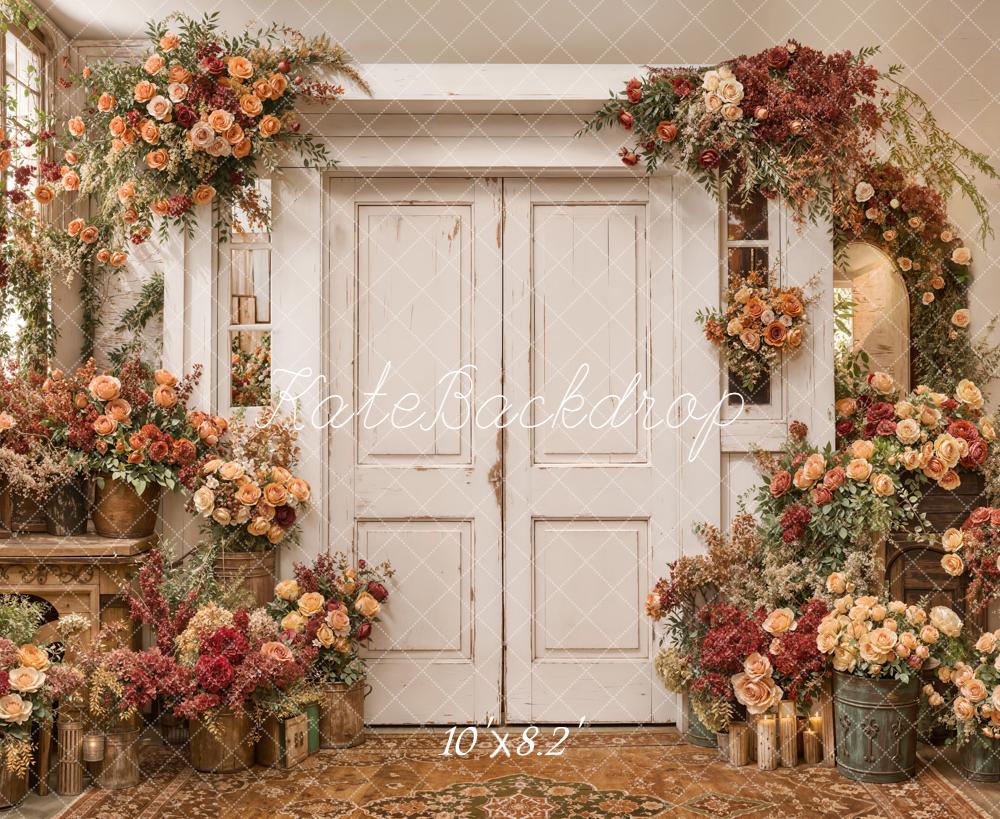 Kate Spring Flower Arch Vintage White Doors Peach and Red Roses Backdrop Designed by Emetselch