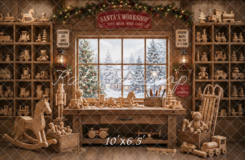 Kate Christmas Santa Workshop Wooden Toys Window Printed Backdrop Designed by Emetselch