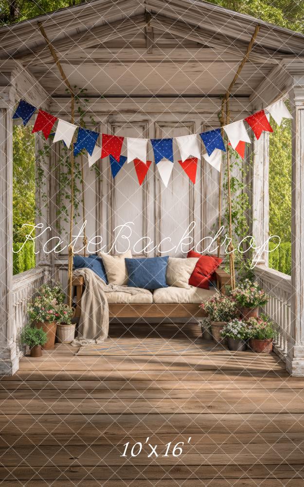 Kate Sweep 4th of July Porch Swing Red White Blue Bunting Plants Printed Backdrop Designed by Happy Squirrel Design