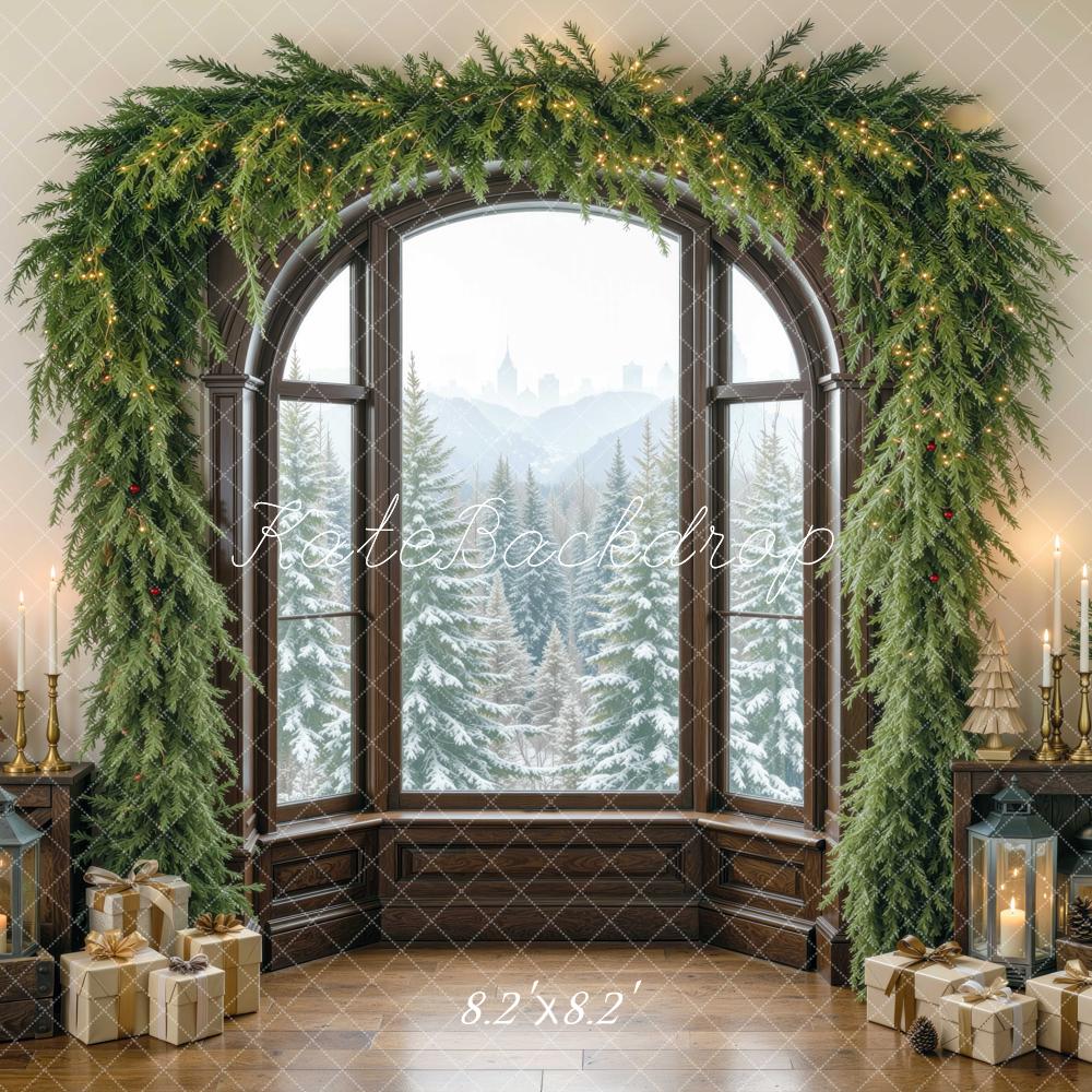 Kate Christmas Evergreen Garland Window Gifts Brown Printed Backdrop Designed by Mini MakeBelieve
