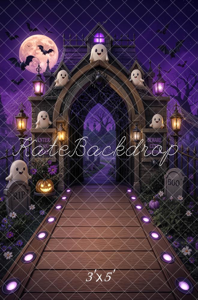 Kate Halloween Trunk or Treat Haunted Gate Ghosts Purple Printed Backdrop Designed by Mini MakeBelieve
