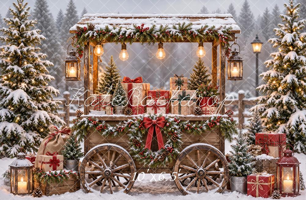 Kate Christmas Snowy Gift Cart Lanterns Printed Backdrop Designed by Emetselch