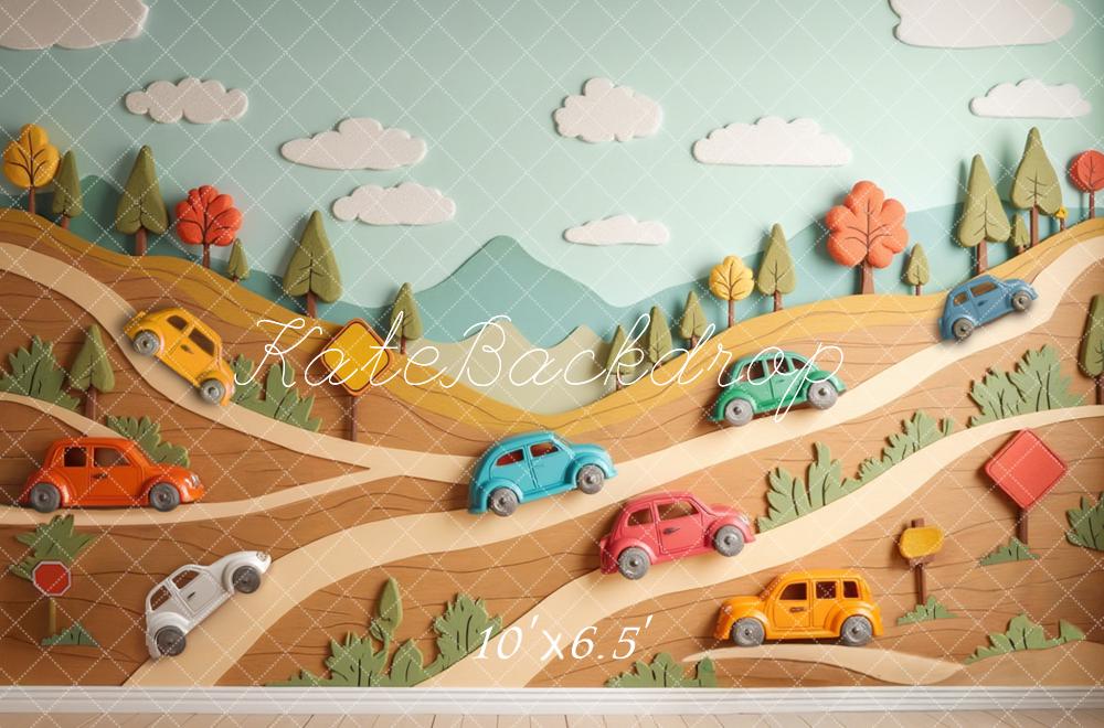 Kate Cartoon Cars Hillside Road Trees Clouds Printed Backdrop Designed by Laura Bybee