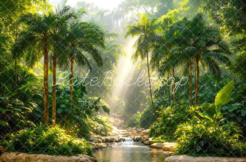 Kate Jungle Sun Rays Stream Rocks Printed Backdrop Designed by Mini MakeBelieve