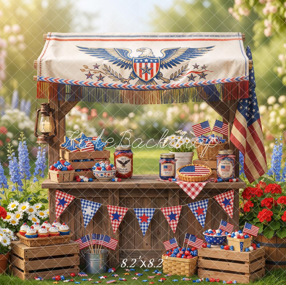 Kate 4th Of July Patriotic Stand American Flag Cupcakes Flowers Printed Backdrop Designed by Emetselch