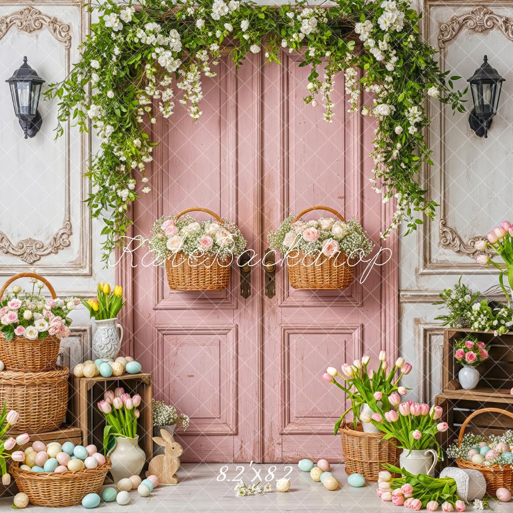 Kate Easter Basket Pastel Eggs Pink Door Flowers Printed Backdrop Designed by Patty Roberts