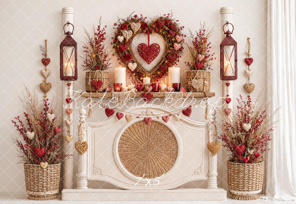 Kate Valentine's Day Headboard Heart Wreath Lanterns Mantel Flowers Printed Backdrop Designed by Emetselch