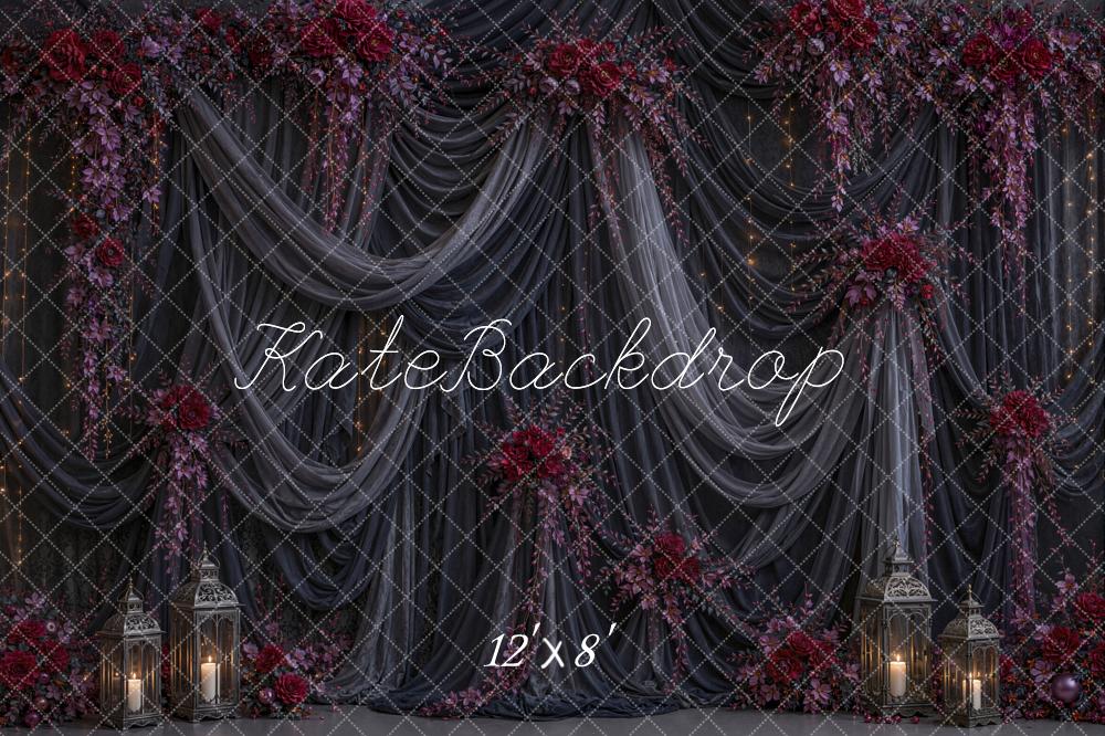 Kate Halloween Dark Drapes Floral Lanterns Printed Backdrop Designed by Chain Photography