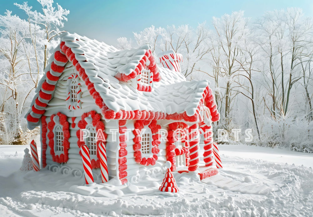 Kate Christmas Snow Covered House Candy Canes Backdrop Designed by Patty Robert