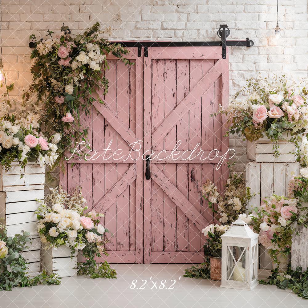 Kate Spring Pink Barn Door Flower Arch White Crates Lantern Backdrop Designed by Ashley Paul