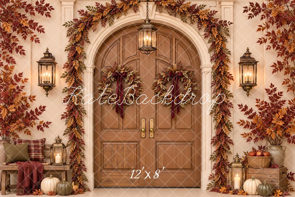Kate Fall Arched Door Pumpkin Garland Lanterns Printed Backdrop Designed by Emetselch