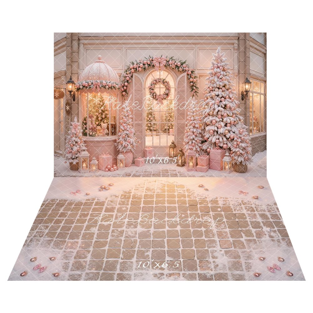 Kate Christmas Shop Pink Snowy Trees Garland Wreath Gift Boxes Printed Backdrop+Snowy Pink Tile Floor Printed Backdrop