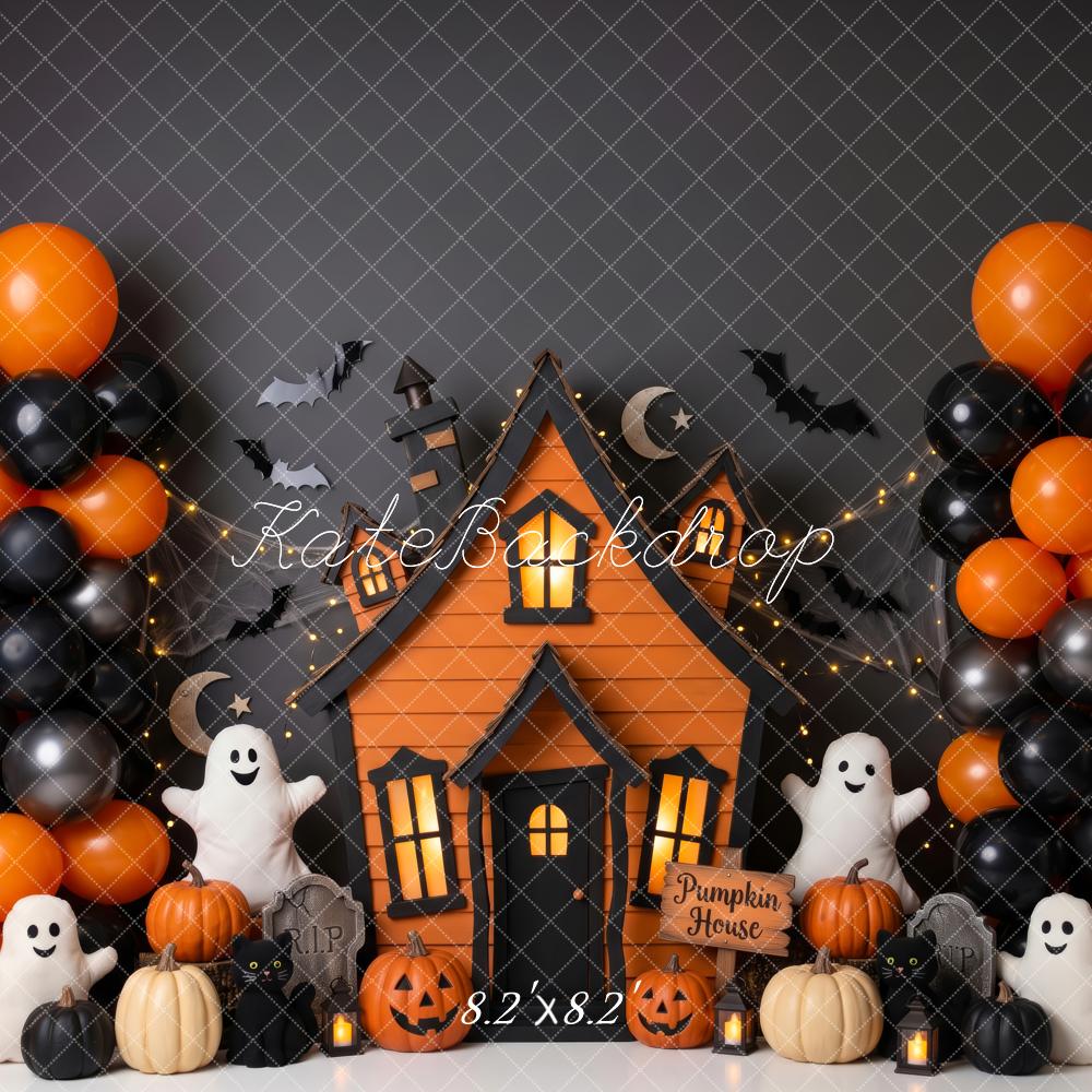 Kate Halloween Haunted House Cute Ghosts Bats Pumpkins Balloons Printed Backdrop Designed by Patty Roberts