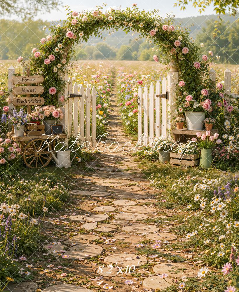 Kate Spring Flower Arch Garden Pathway White Fence Field Printed Backdrop Designed by Emetselch