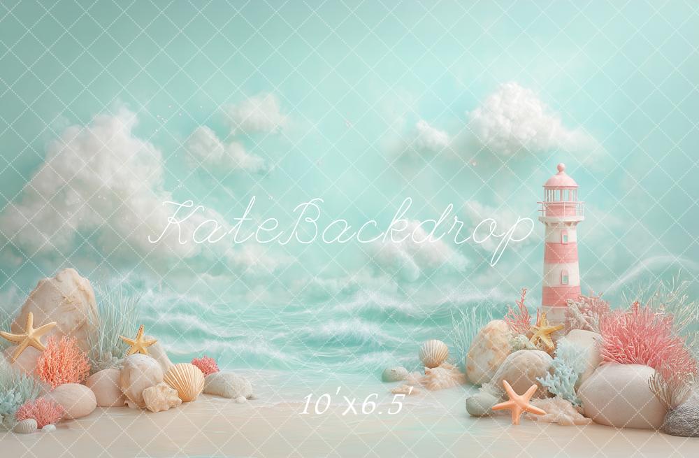Kate Beach Pastel Lighthouse Starfish Seashells Printed Backdrop Designed by Angela Miller