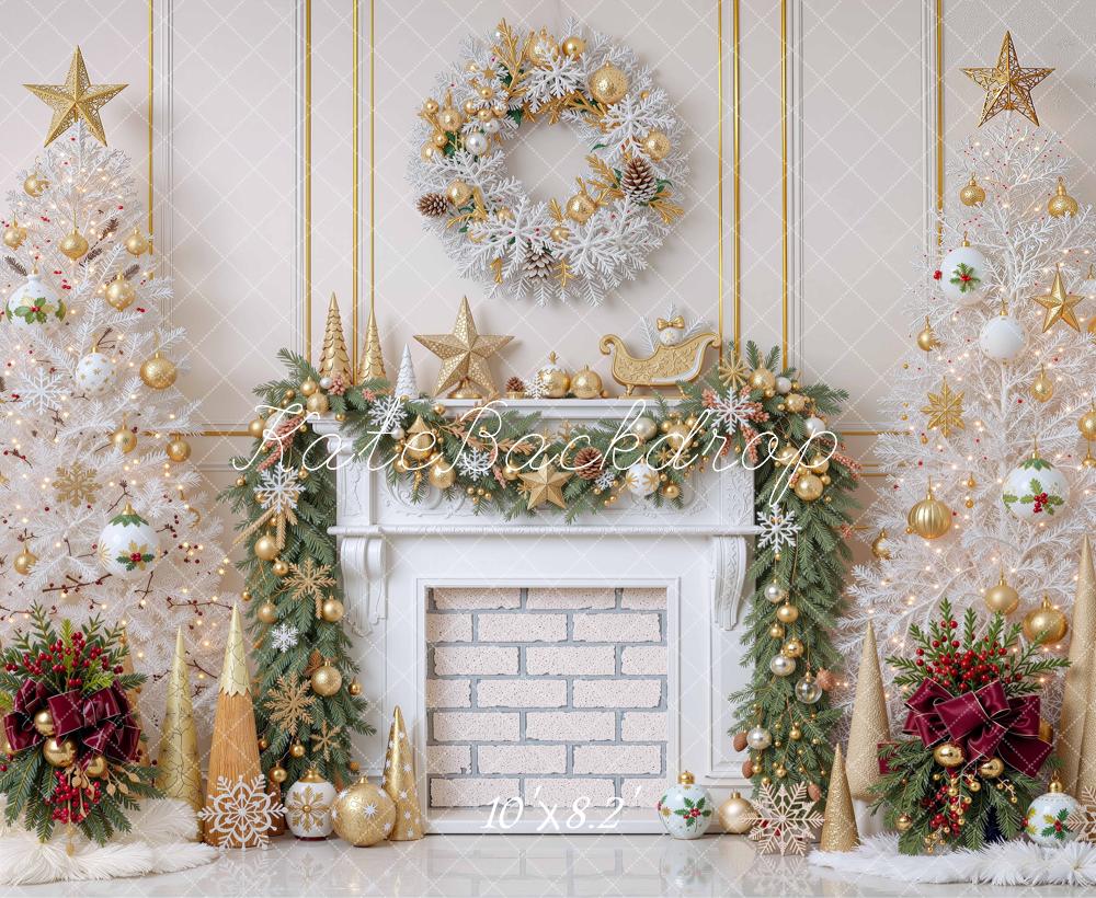 Kate Christmas White Trees Gold Fireplace Wreath Printed Backdrop Designed by Mini MakeBelieve