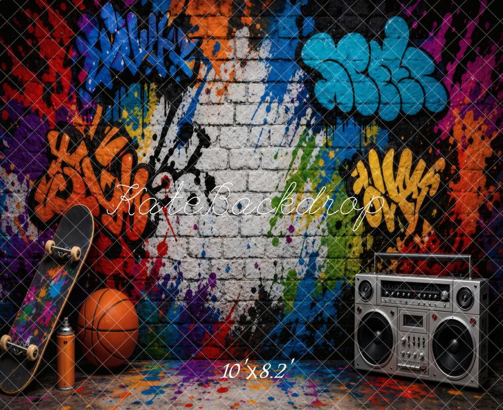 Kate Graffiti Brick Wall Skateboard Basketball Boombox Printed Backdrop Designed by Vertigo Productions