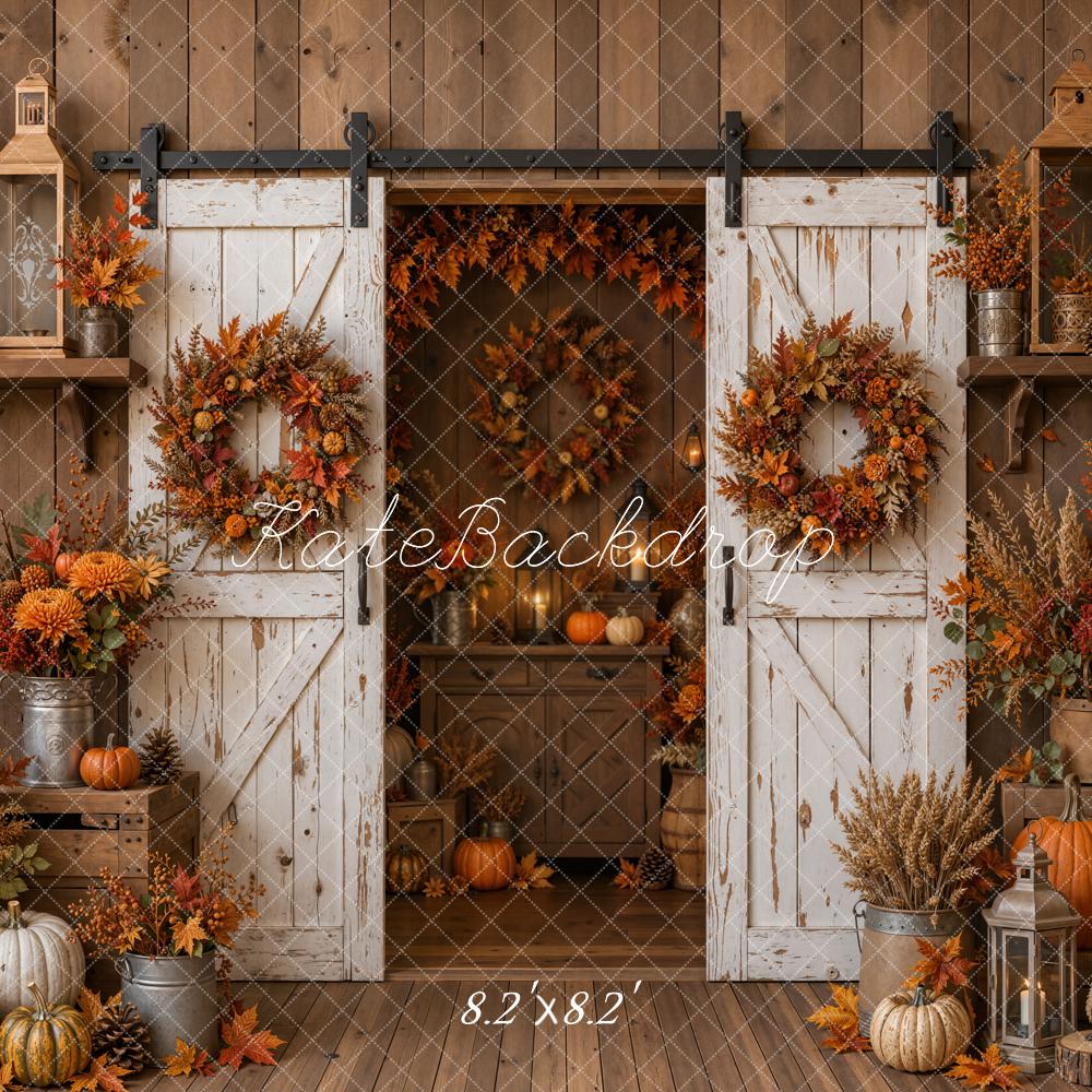 Kate Fall Barn Door Flowers Pumpkins Wreath Rustic Wood Printed Backdrop Designed by Emetselch
