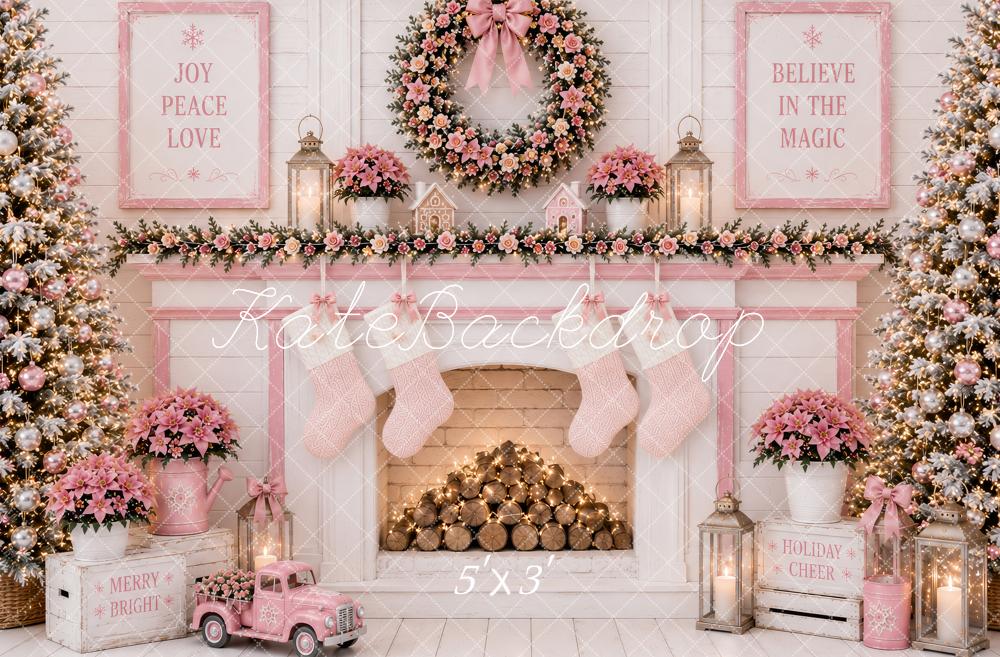 Kate Christmas Pink Floral Fireplace Wreath Stockings Printed Backdrop Designed by Ashley Paul