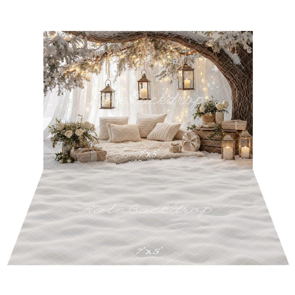 Kate Christmas Branch Arch Snowy Tree Lanterns Pillows Gifts Printed Backdrop+Winter White Snow Floor Printed Backdrop