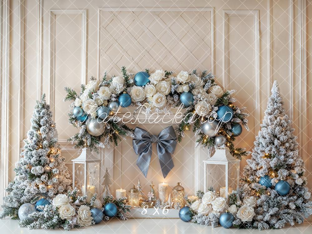 Kate Christmas Fireplace Flower Snowy Trees Bow Backdrop Designed by Emetselch