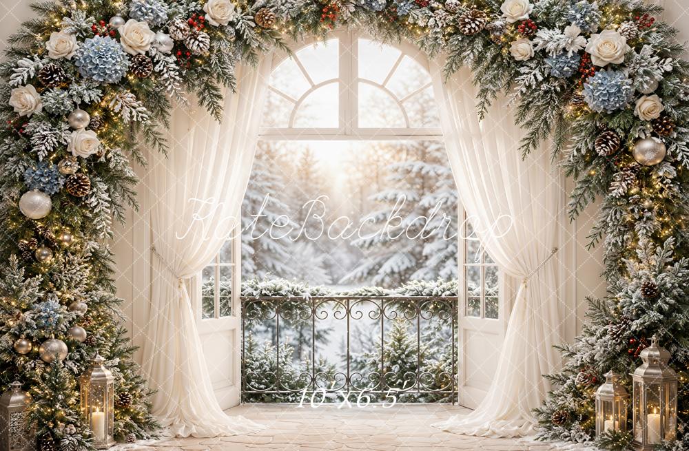 Kate Christmas Snowy Flower Arch Window Printed Backdrop Designed by Emetselch