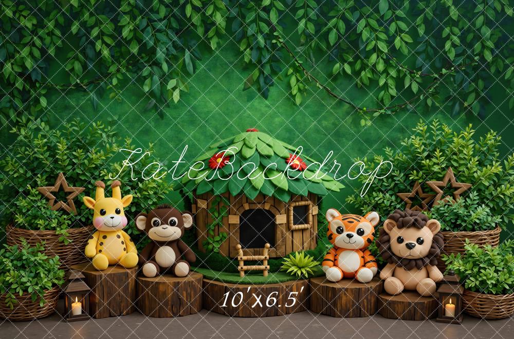 Kate Jungle Animals Hut Tree Stumps Greenery Printed Backdrop Designed by Mini MakeBelieve