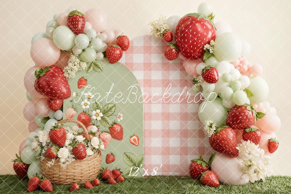 Kate Cake Smash Strawberry Balloon Arch Gingham Basket Flowers Backdrop Designed by Emetselch