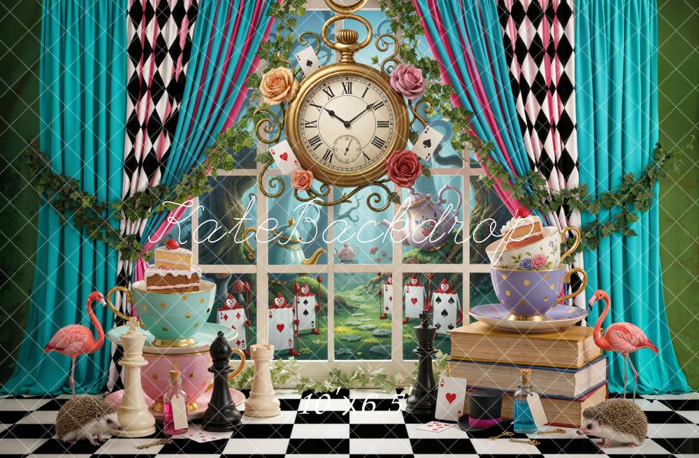 Kate Wonderland Tea Party Clock Chess Playing Cards Printed Backdrop Designed by Emetselch