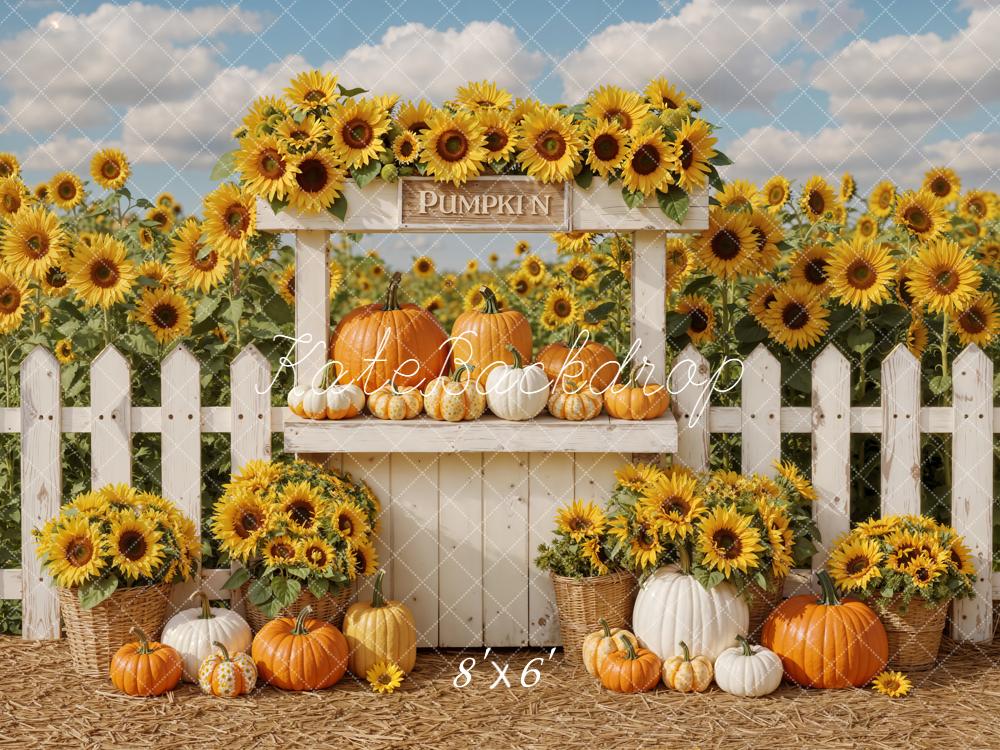 Kate Fall Sunflower Pumpkin Stand White Fence Backdrop Designed by Emetselch