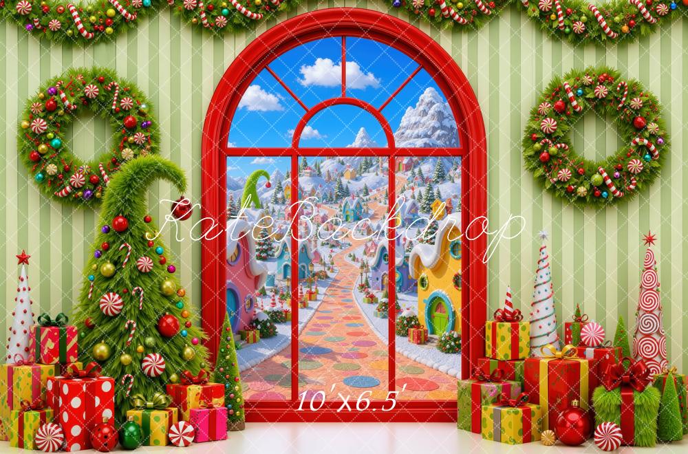 Kate Christmas Tree Whoville Village Window Garland Wreath Gifts Presents Printed Backdrop Designed by Mini MakeBelieve
