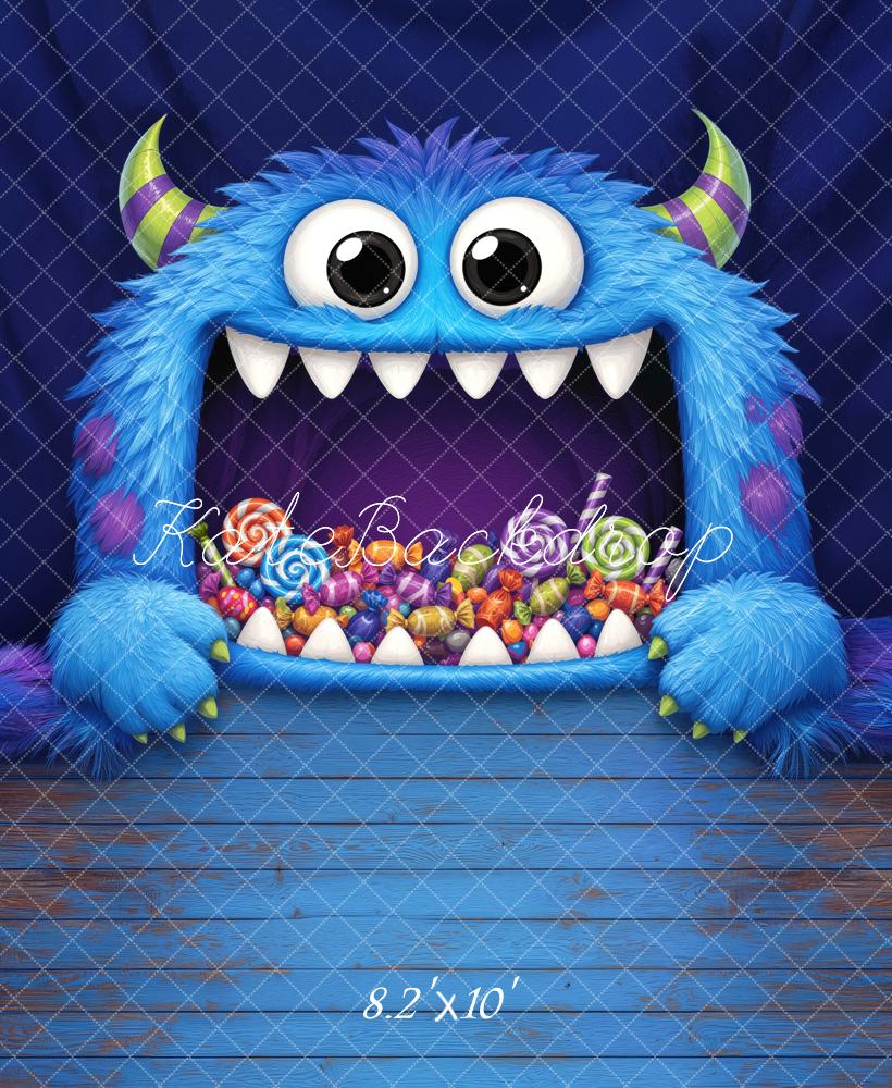 Kate Halloween Trunk or Treat Blue Furry Monster Candy Printed Backdrop Designed by Mini MakeBelieve