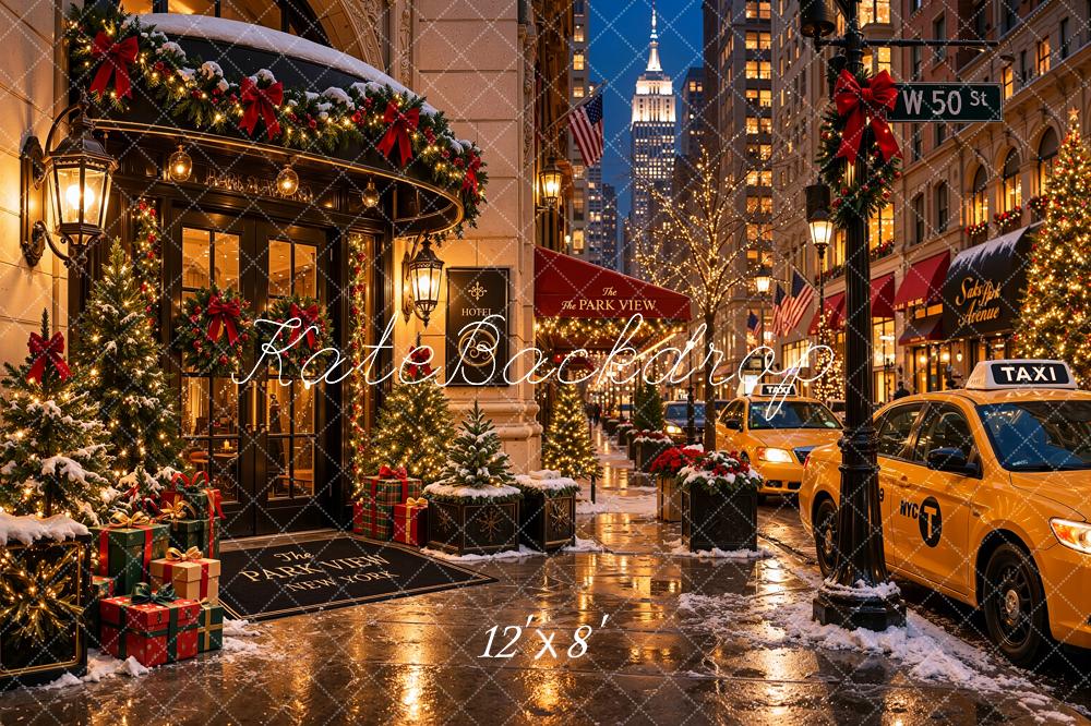 Kate Christmas Shop Snowy City Street Taxis Printed Backdrop Designed by Shutter Swan Studios