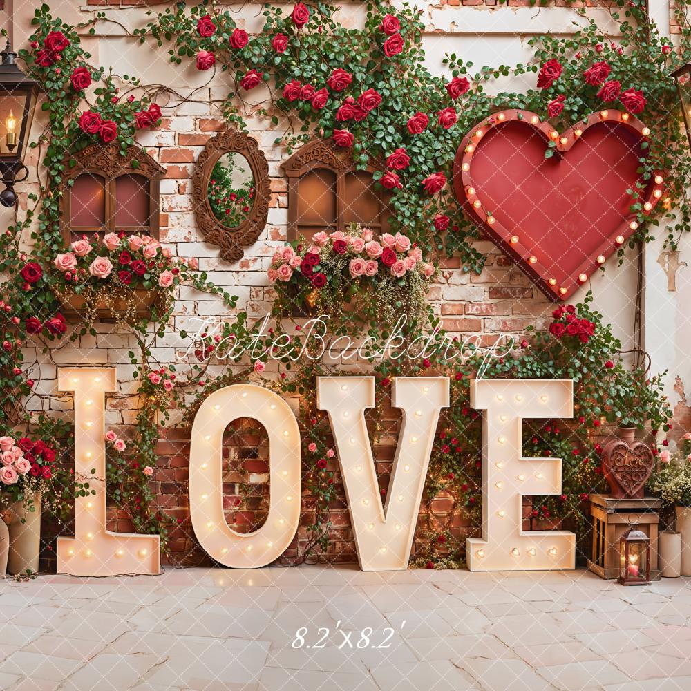 Kate Valentines Love Marquee Letters Heart Roses Vintage Brick Wall Backdrop Designed by Emetselch