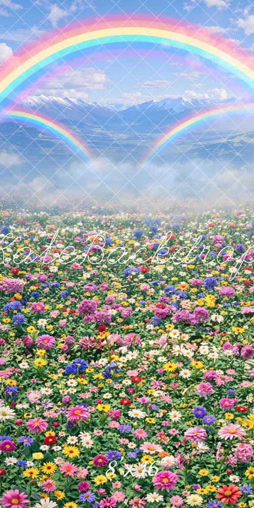 Kate Sweep Rainbow Mountain Flower Field Printed Backdrop Designed by Mini MakeBelieve