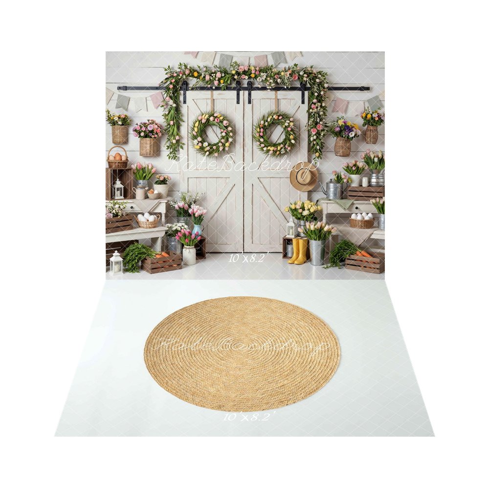 Kate Spring Tulip Wreath Barn Door Backdrop+Round Jute Rug White Diamond Pattern Floor Backdrop