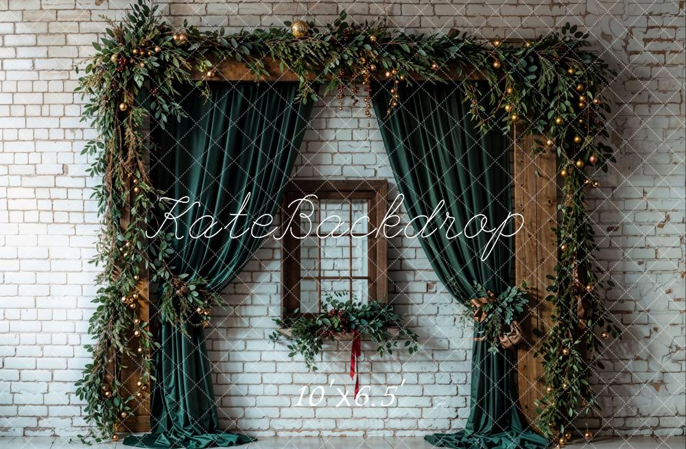 Kate Christmas Green Curtain Brown Window White Brick Wall Printed Backdrop Designed by Emetselch