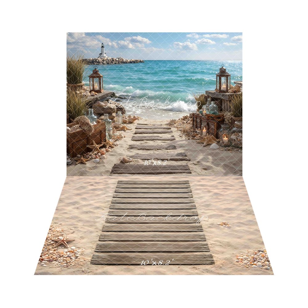 Kate Beach Lighthouse Lantern Coastal Pathway Printed Backdrop+Beach Boardwalk Sand Seashells Starfish Floor Printed Backdrop