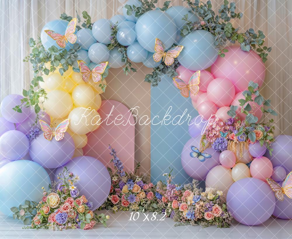 Kate Cake Smash Balloon Arch Pastel Butterfly Flowers Printed Backdrop Designed by Emetselch