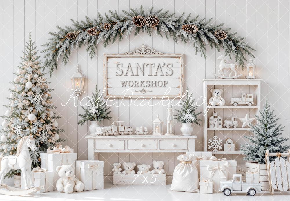 Kate Christmas Santa's Workshop White Pine Tree Toys Gift Boxes Printed Backdrop Designed by Mini MakeBelieve
